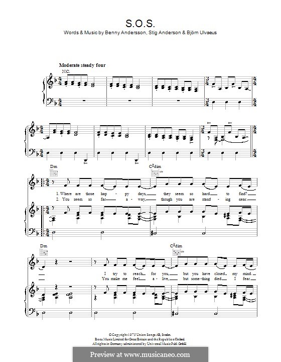 S.O.S. (ABBA): Für Stimme und Klavier (oder Gitarre) by Benny Andersson, Björn Ulvaeus, Stig Anderson