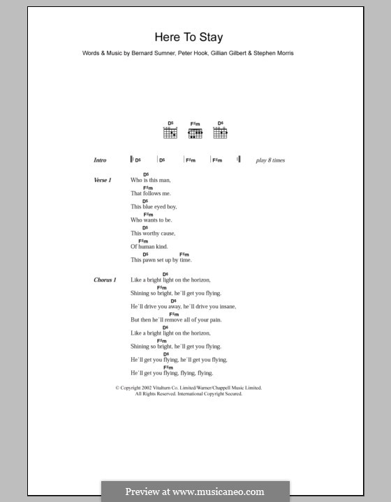 Here to Stay (New Order): Text und Akkorde by Bernard Sumner, Gillian Gilbert, Peter Hook, Stephen Morris