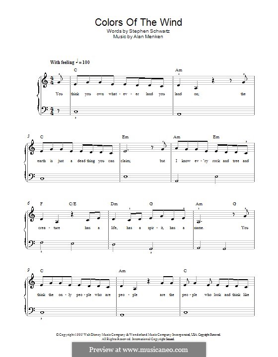 Colors of the Wind (from Pocahontas): Einfache Noten für Klavier by Alan Menken