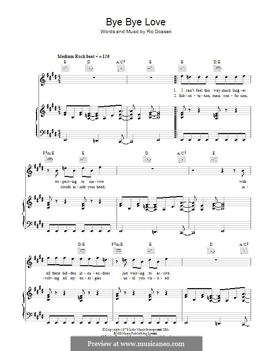 Bye Bye Love (The Cars): Für Stimme und Klavier (oder Gitarre) by Ric Ocasek