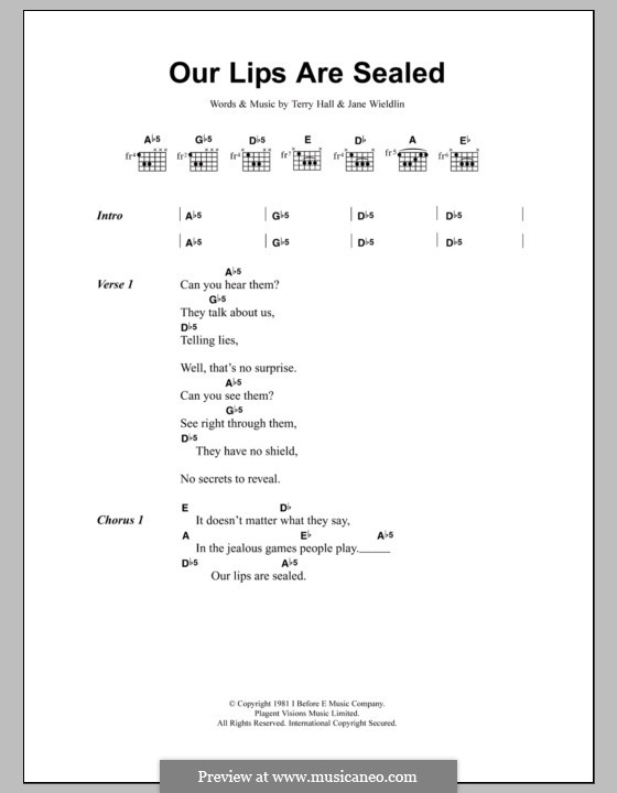 Our Lips Are Sealed (The Go-Go's): Text und Akkorde by Jane Wiedlin, Terry Hall