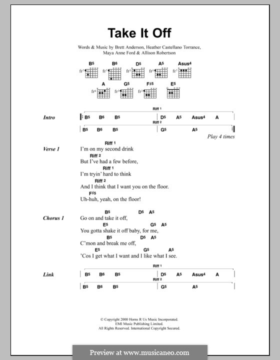 Take It Off (The Donnas): Texte und Akkorde by Allison Robertson, Brett Anderson, Heather Castellano Torrance, Maya Anne Ford