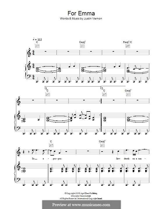 For Emma (Bon Iver): Für Stimme und Klavier (oder Gitarre) by Justin Vernon