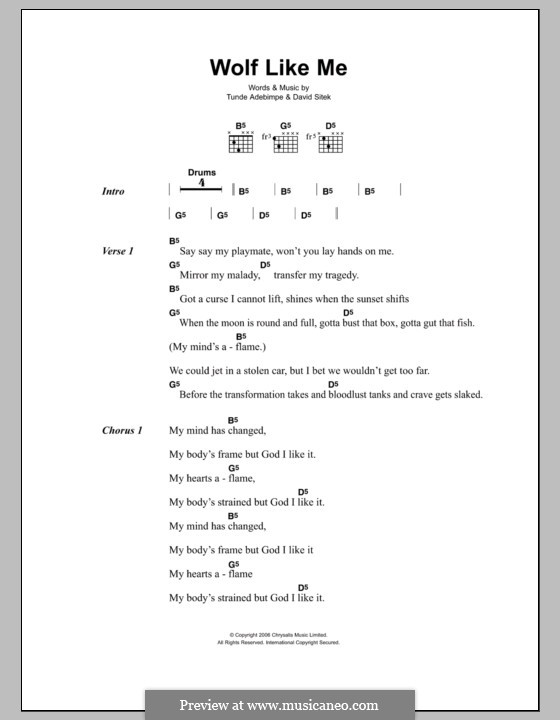 Wolf Like Me (TV On The Radio): Texte und Akkorde by Babatunde Adebimpe, David Sitek