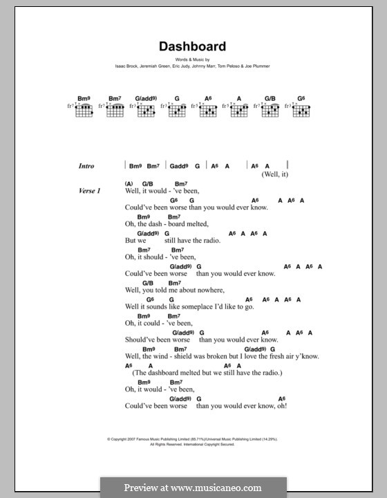 Dashboard (Modest Mouse): Text und Akkorde by Eric Judy, Isaac Brock, Jeremiah Green, Joe Plummer, Johnny Marr, Tom Peloso