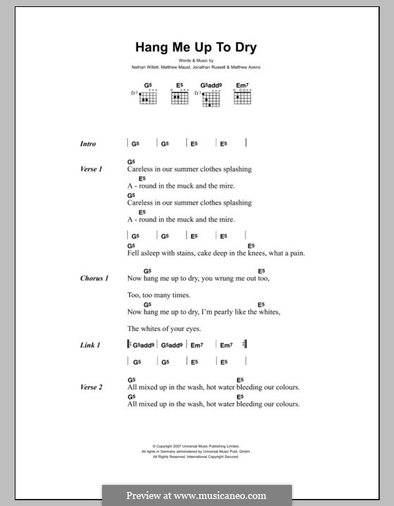 Hang Me Up To Dry (Cold War Kids): Text und Akkorde by Jonathan Russell, Matthew Aveiro, Matthew Maust, Nathan Willett