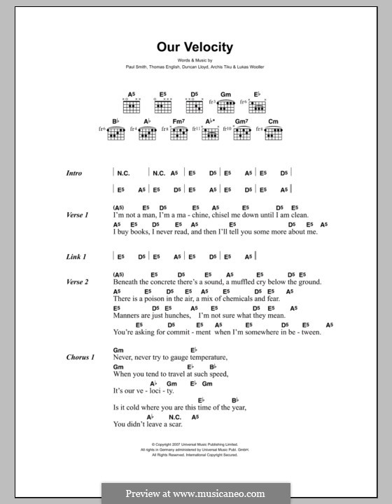 Our Velocity (Maximo Park): Text und Akkorde by Thomas Dunn English, Archis Tiku, Duncan Lloyd, Lukas Wooller, Paul Smith
