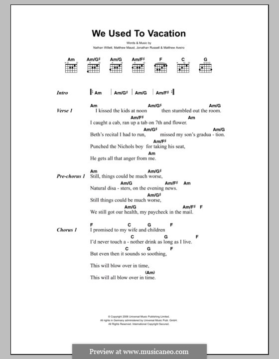 We Used To Vacation (Cold War Kids): Text und Akkorde by Jonathan Russell, Matthew Aveiro, Matthew Maust, Nathan Willett