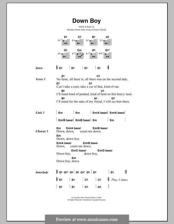 Down Boy (Yeah Yeah Yeahs): Texte und Akkorde by Brian Chase, Karen O, Nicholas Zinner