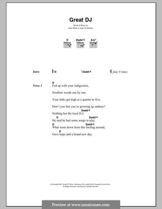 Great DJ (The Ting Tings): Text und Akkorde by Jules De Martino, Katie White