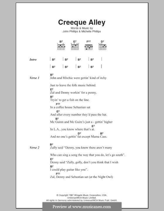 Creeque Alley (The Mamas & The Papas): Texte und Akkorde by John Phillips, Michelle Phillips