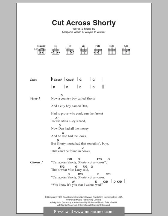 Cut Across Shorty: Texte und Akkorde by Marijohn Wilkin, Wayne P. Walker