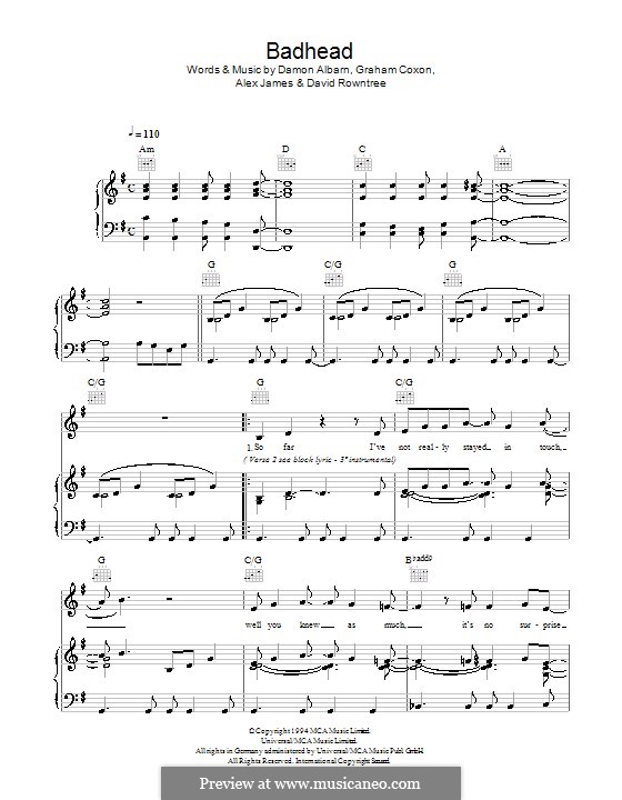 Badhead (Blur): Für Stimme und Klavier (oder Gitarre) by Alex James, Damon Albarn, David Rowntree, Graham Coxon