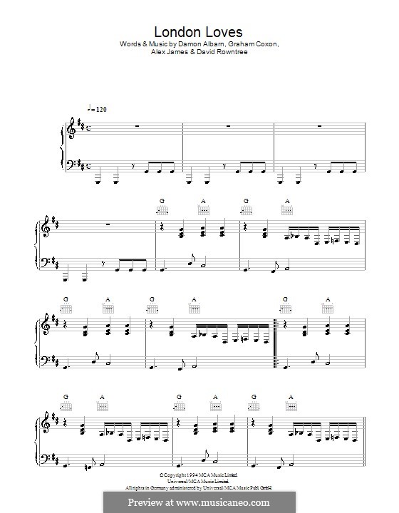 London Loves (Blur): Für Stimme und Klavier (oder Gitarre) by Alex James, Damon Albarn, David Rowntree, Graham Coxon