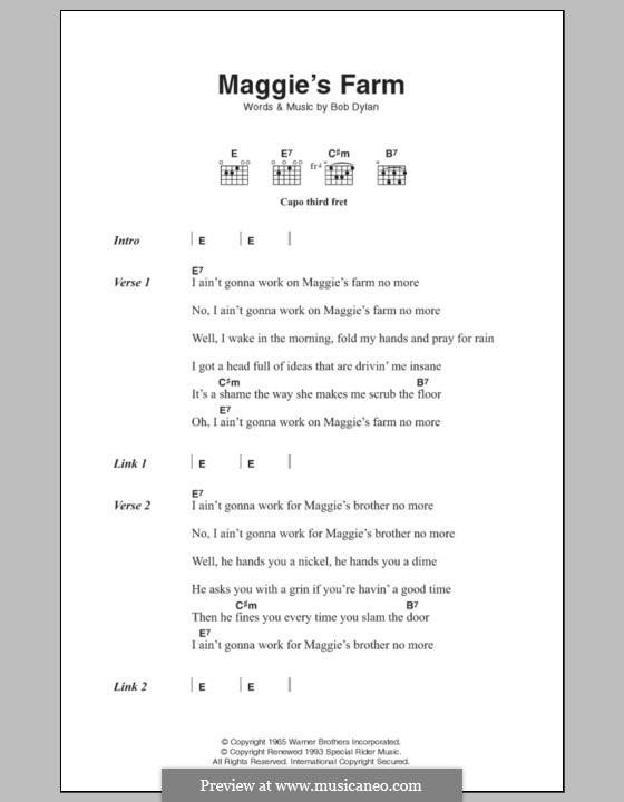 Maggie's Farm von B. Dylan - Noten auf MusicaNeo