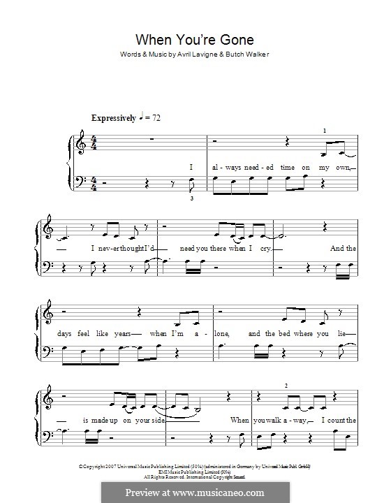 When You're Gone: Einfache Noten für Klavier by Avril Lavigne, Butch Walker