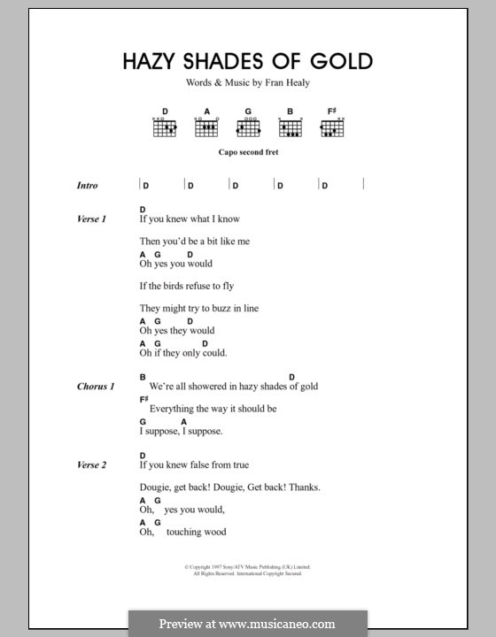Hazy Shades of Gold (Travis): Text und Akkorde by Fran Healy