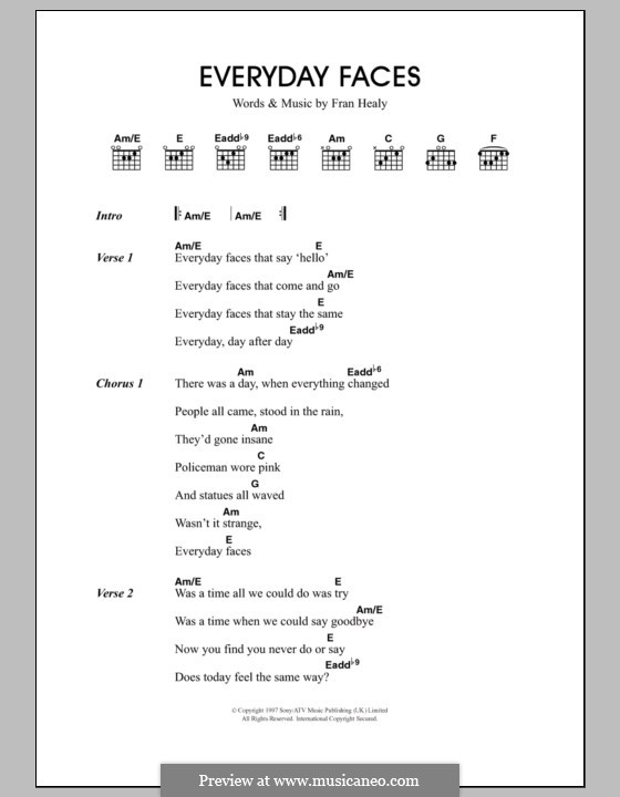 Everyday Faces (Travis): Text und Akkorde by Fran Healy