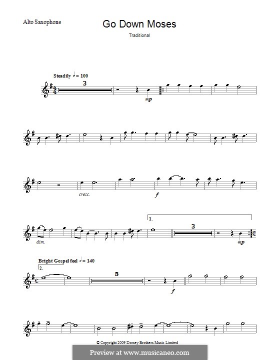 Go Down Moses: For alto saxophone and piano – solo part by folklore