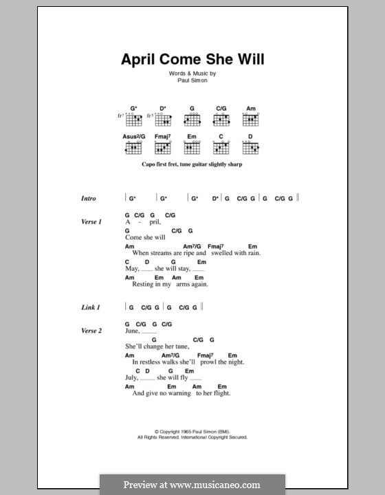 April Come She Will (Simon & Garfunkel): Text und Akkorde by Paul Simon