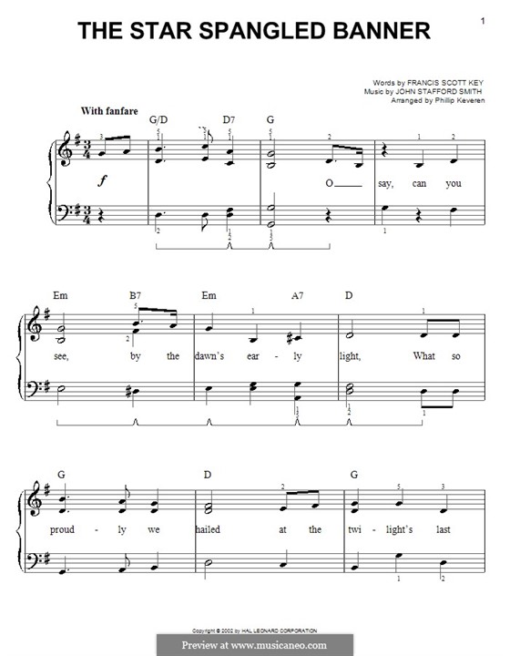 Piano version: Easy version by John Stafford Smith