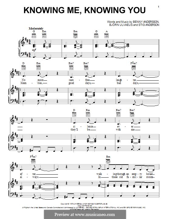 Knowing Me, Knowing You (ABBA): Für Stimme und Klavier (oder Gitarre) by Benny Andersson, Björn Ulvaeus, Stig Anderson