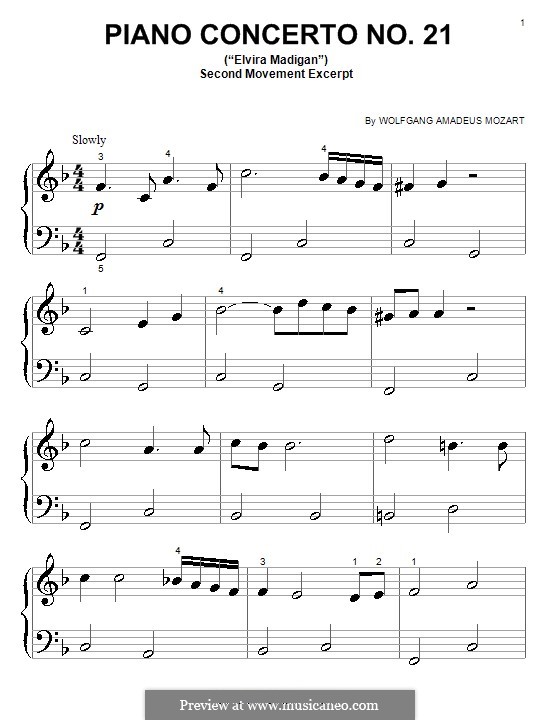 Konzert für Klavier und Orchester Nr.21 in C-Dur, K.467: Teil II (Fragment). Very easy version by Wolfgang Amadeus Mozart