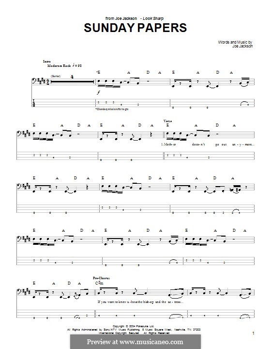 Sunday Papers: Für Bassgitarre mit Tabulatur by Joe Jackson