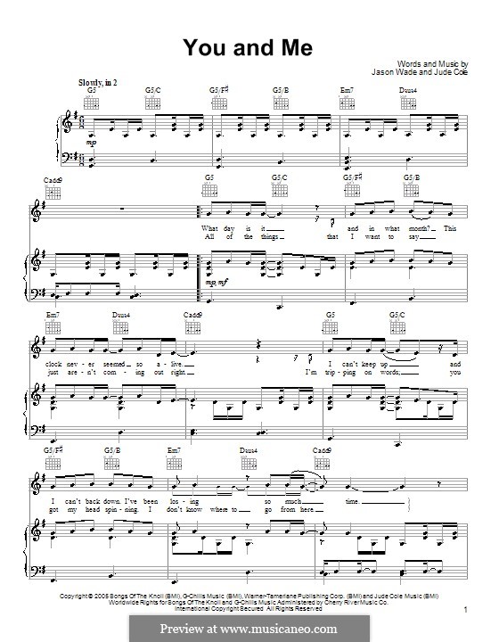You and Me (Lifehouse): Für Stimme und Klavier (oder Gitarre) by Jason Wade, Jude Cole