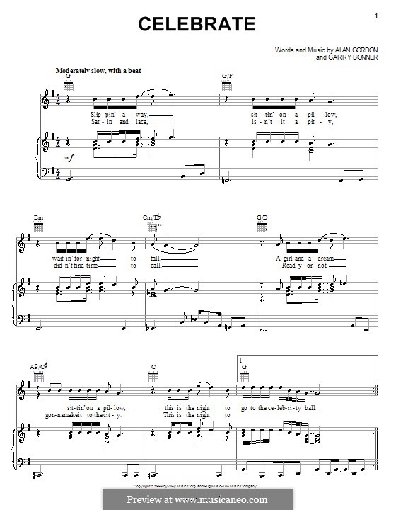 Celebrate (Three Dog Night): Für Stimme und Klavier (oder Gitarre) by Alan Gordon, Garry Bonner