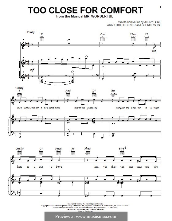 Too Close for Comfort: Für Stimme und Klavier (oder Gitarre) by George David Weiss, Jerry Bock, Larry Holofcener