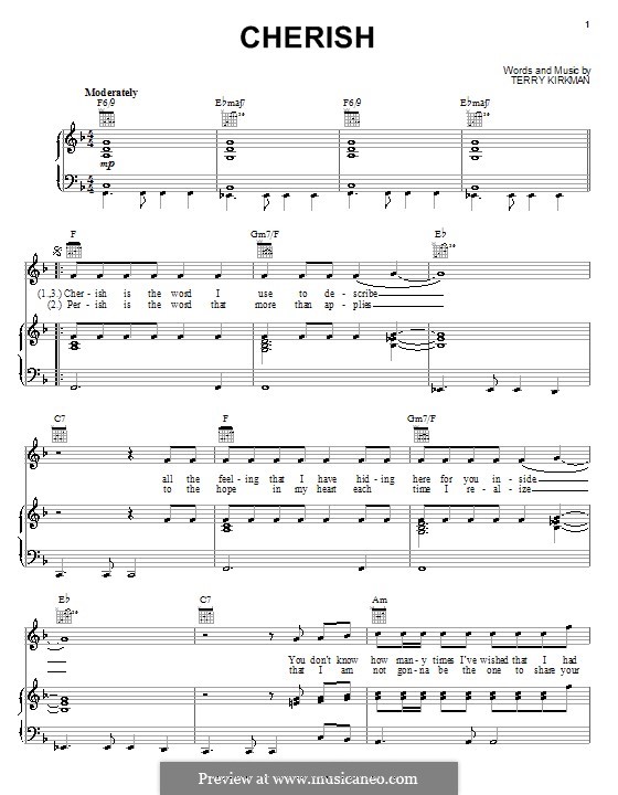 Cherish (The Association): Für Stimme und Klavier (oder Gitarre) by Terry Kirkman