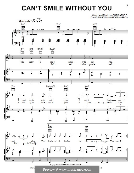 Can't Smile without You (Barry Manilow): Für Stimme und Klavier (oder Gitarre) by Chris Arnold, David Martin, Geoff Morrow