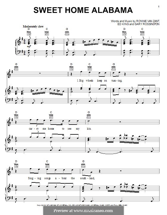 Sweet Home Alabama (Lynyrd Skynyrd): Für Stimme und Klavier (oder Gitarre) by Ed King, Gary Rossington, Ronnie Van Zant