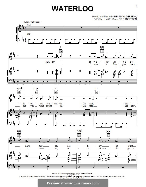 Waterloo (ABBA): Für Stimme und Klavier oder Gitarre (D-Dur) by Benny Andersson, Björn Ulvaeus, Stig Anderson