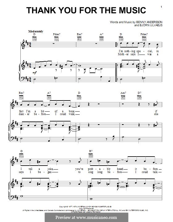 Thank You for the Music (ABBA): Für Stimme und Klavier (oder Gitarre) by Benny Andersson, Björn Ulvaeus