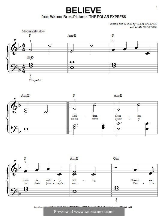 Believe (from The Polar Express): Für Klavier (sehr leichte Fassung) by Alan Silvestri, Glen Ballard