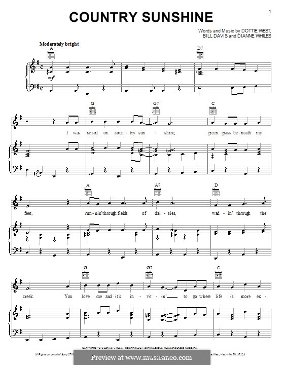Country Sunshine (Dottie West): Für Stimme und Klavier (oder Gitarre) by Billy Davis, Dianne Whiles