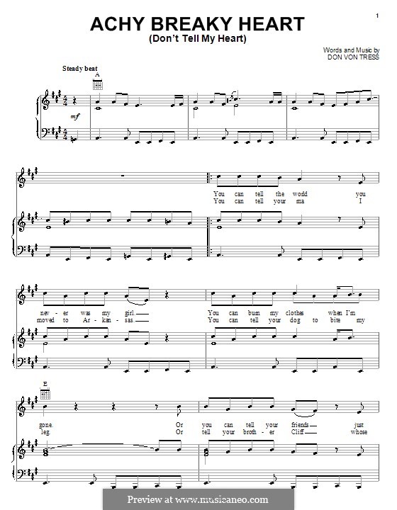 Achy Breaky Heart (Don't Tell My Heart): Für Stimme und Klavier (oder Gitarre) by Donald Von Tress