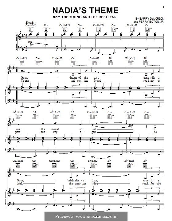 Nadia's Theme (from The Young and the Restless): Für Stimme und Klavier (oder Gitarre) by Barry DeVorzon, Perry Botkin Jr.