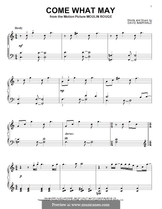 Come What May (from Moulin Rouge): Für Klavier by David Baerwald