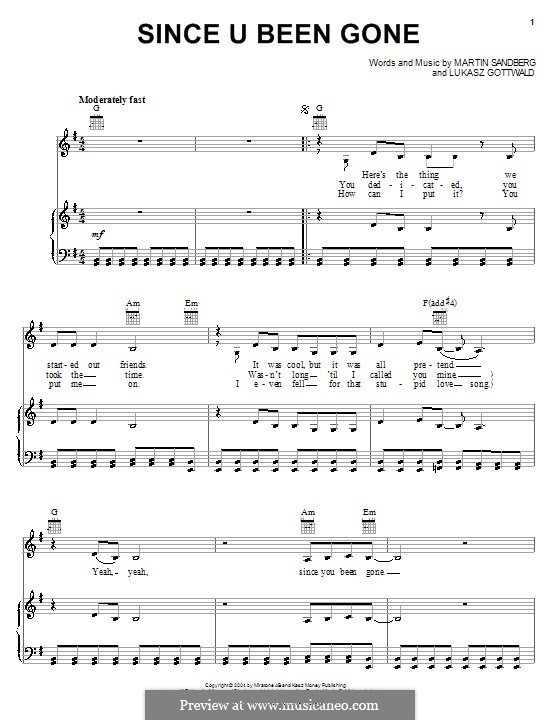 Since U Been Gone (Kelly Clarkson): Für Stimme und Klavier (oder Gitarre) by Lukas Gottwald, Max Martin