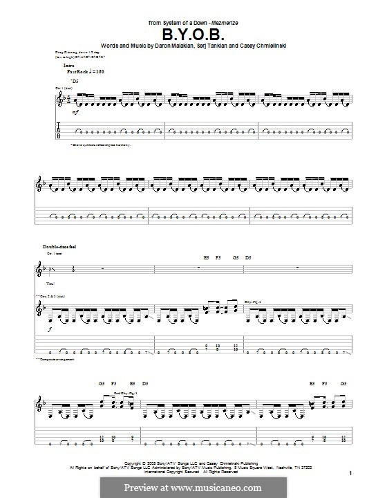B.Y.O.B. (System of a Down): Für Gitarre mit Tabulatur by Casey Chmielinski, Daron Malakian, Serj Tankian