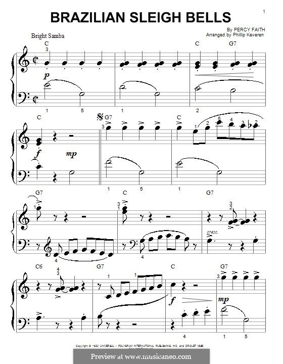 Brazilian Sleigh Bells: Für Klavier (sehr leichte Fassung) by Percy Faith