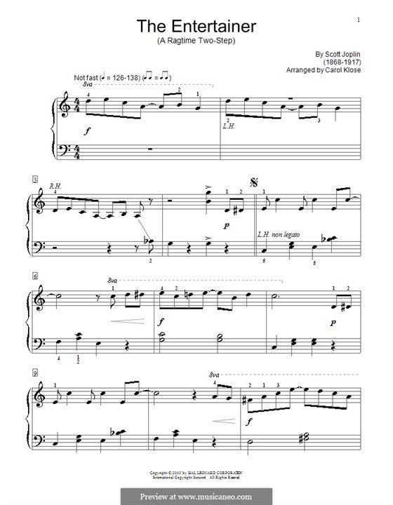 The Entertainer, für Klavier: Version by Carol Klose by Scott Joplin