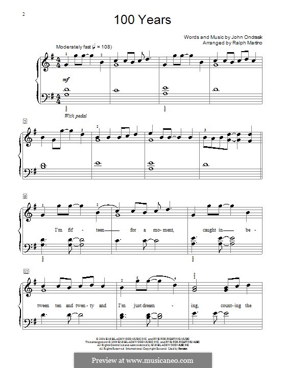 100 Years (Five for Fighting): Für Klavier by John Ondrasik