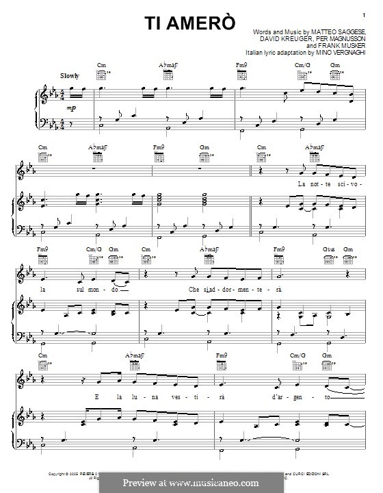 Ti Amero (Il Divo): Für Stimme und Klavier (oder Gitarre) by David Kreuger, Frank Musker, Matteo Saggese, Per Magnusson