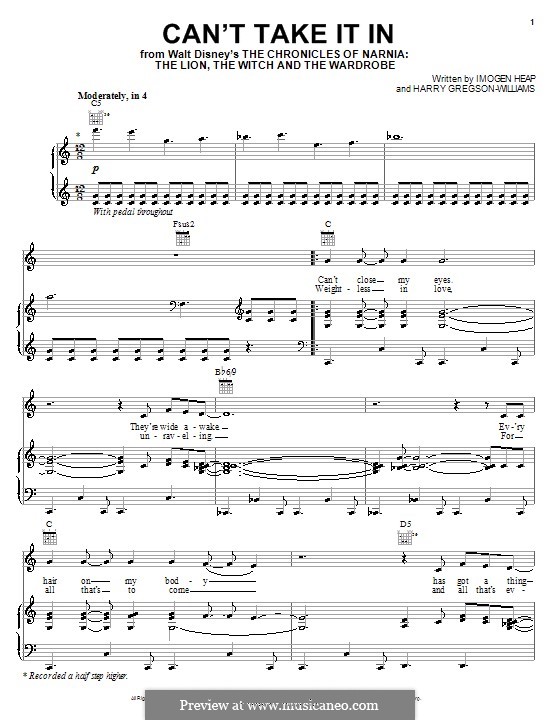 Can't Take It in (from The Chronicles of Narnia): Für Stimme und Klavier (oder Gitarre) by Harry Gregson-Williams, Imogen Heap