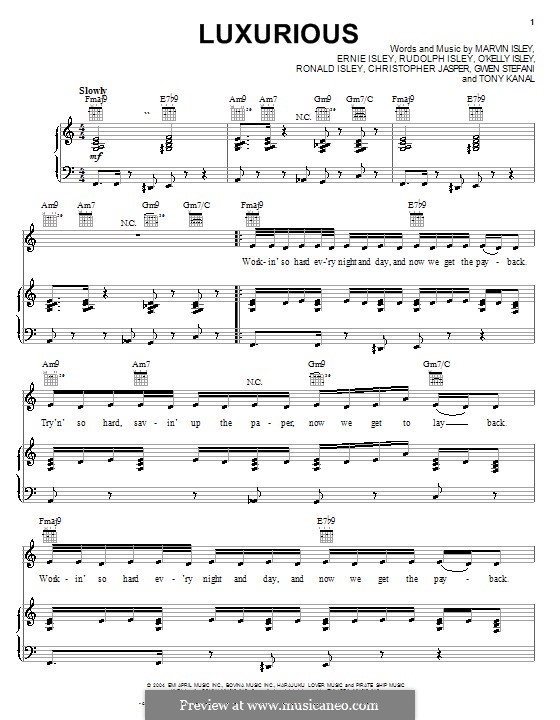 Luxurious (Gwen Stefani): Für Stimme und Klavier (oder Gitarre) by Christopher Jasper, Ernie Isley, Marvin Isley, O'Kelly Isley, Ronald Isley, Rudolph Isley, Tony Kanal
