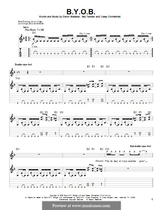 B.Y.O.B. (System of a Down): Für Gitarre mit Tabulatur by Casey Chmielinski, Daron Malakian, Serj Tankian